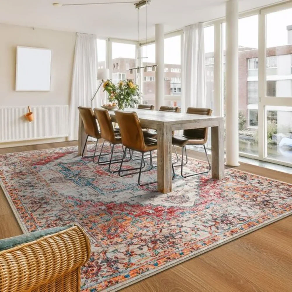 New 5x8 Orange Area Rug, Washable Low Pile Vintage Carpet for Room Decor